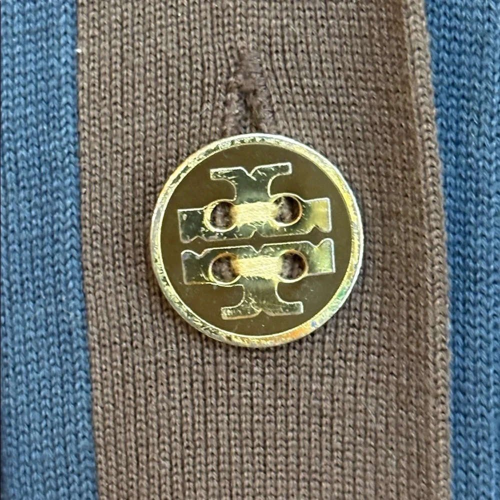 Tory Burch Simone Navy Brown Ribbed 100% Cotton V Neck Button Knit Cardigan S